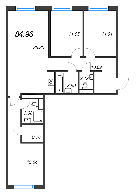 4-комнатная (Евро) квартира, 84.96 м² в ЖК "Legenda Васильевского" - планировка, фото №1