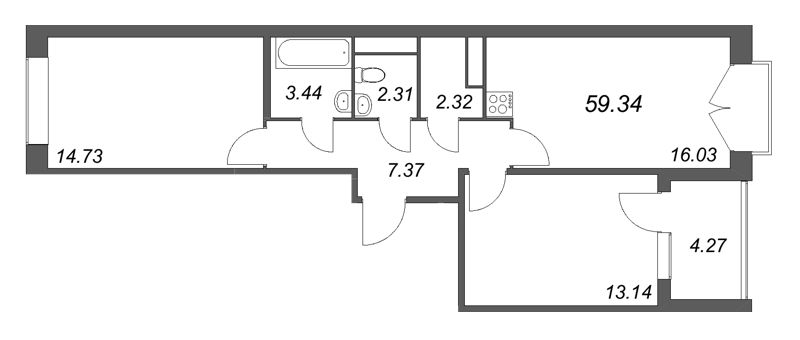 3-комнатная (Евро) квартира, 59.34 м² в ЖК "Дом на Курской" - планировка, фото №1