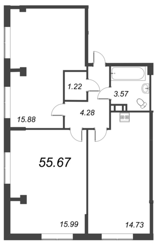 2-комнатная квартира, 55.67 м² в ЖК "Ромашки" - планировка, фото №1