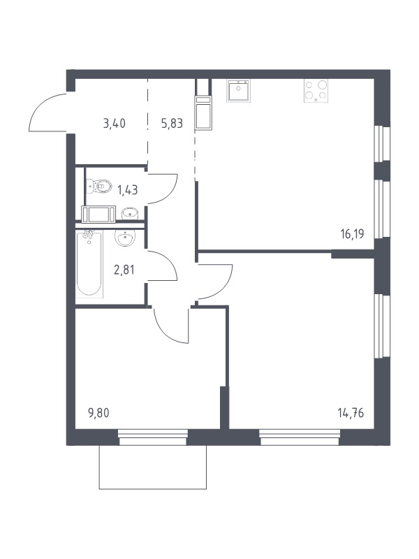 3-комнатная (Евро) квартира, 54.22 м² в ЖК "Квартал Торики" - планировка, фото №1