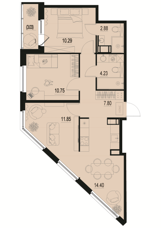 3-комнатная (Евро) квартира, 63.72 м² - планировка, фото №1