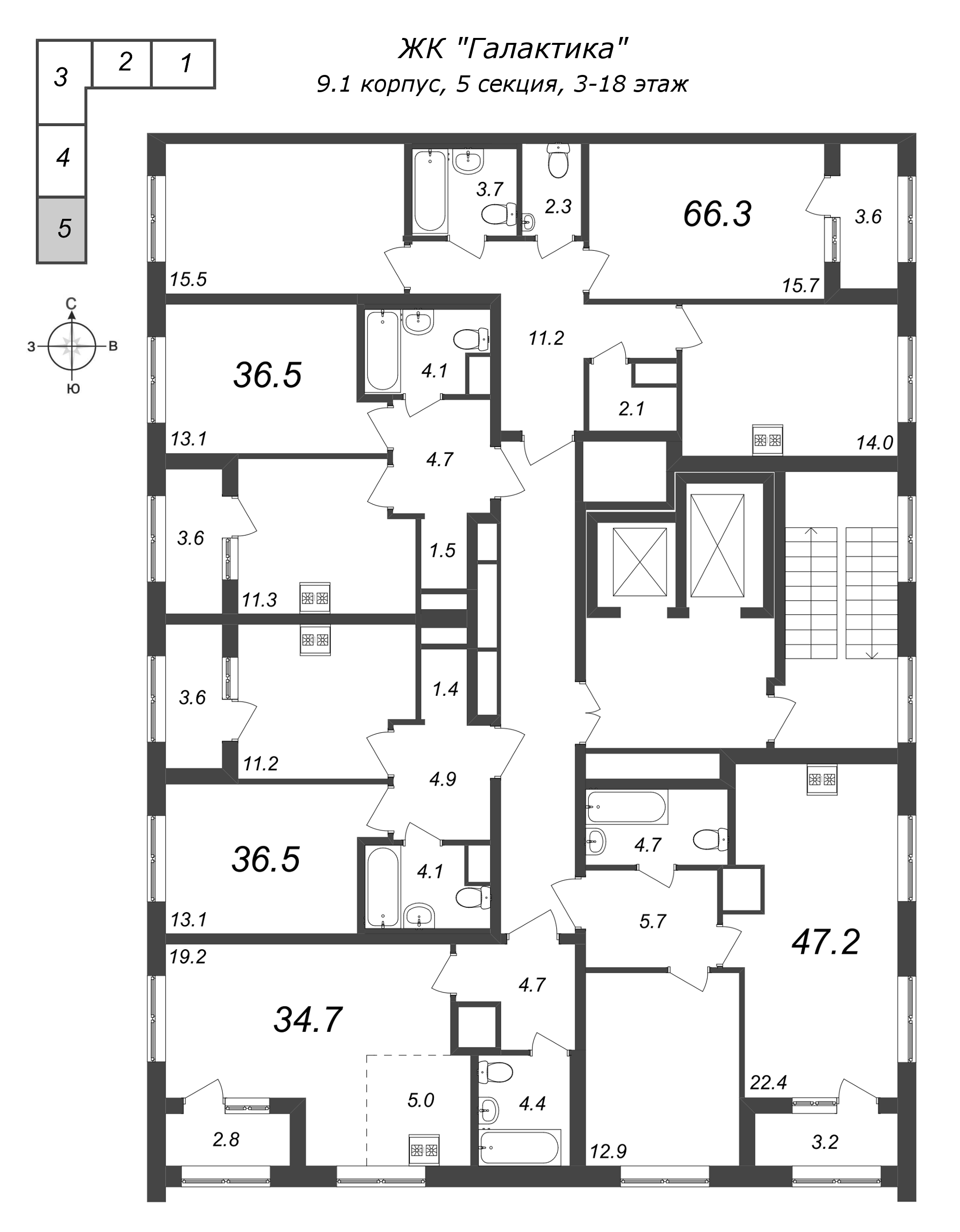 Квартира-студия, 34.5 м² - планировка этажа
