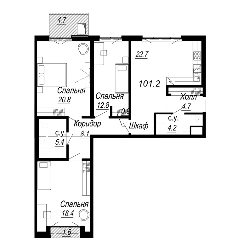 4-комнатная (Евро) квартира, 99.8 м² - планировка, фото №1