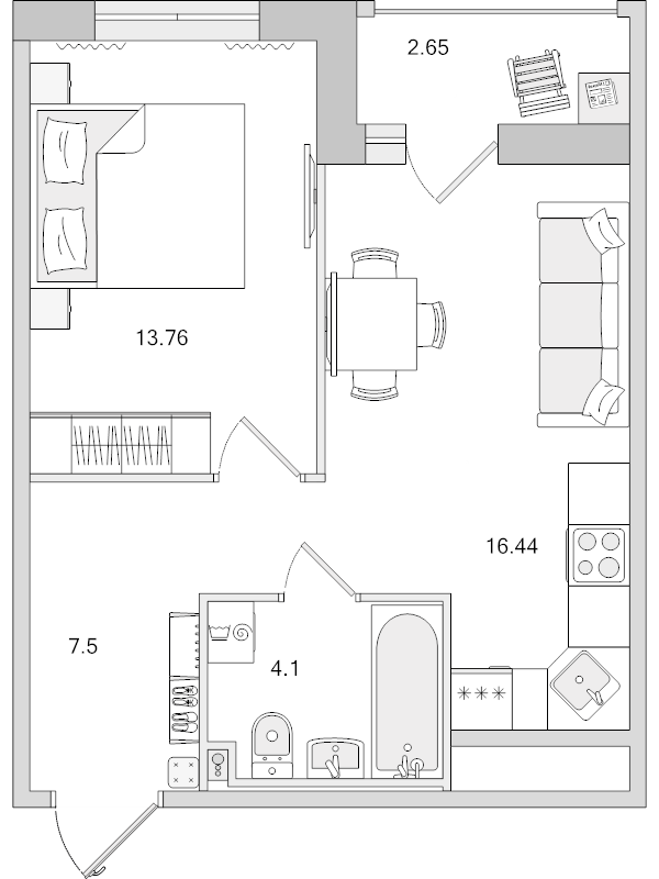 2-комнатная (Евро) квартира, 44.45 м² в ЖК "Город Первых" - планировка, фото №1