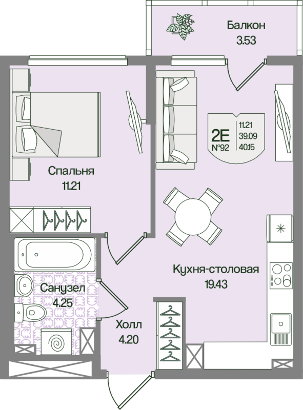 2-комнатная (Евро) квартира, 40.15 м² в ЖК "Охтинские высоты" - планировка, фото №1