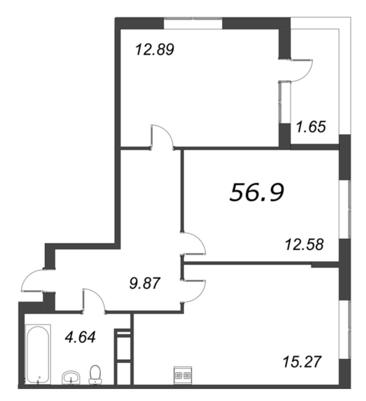 3-комнатная (Евро) квартира, 56.9 м² - планировка, фото №1