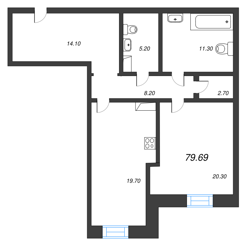 2-комнатная (Евро) квартира, 80.3 м² - планировка, фото №1