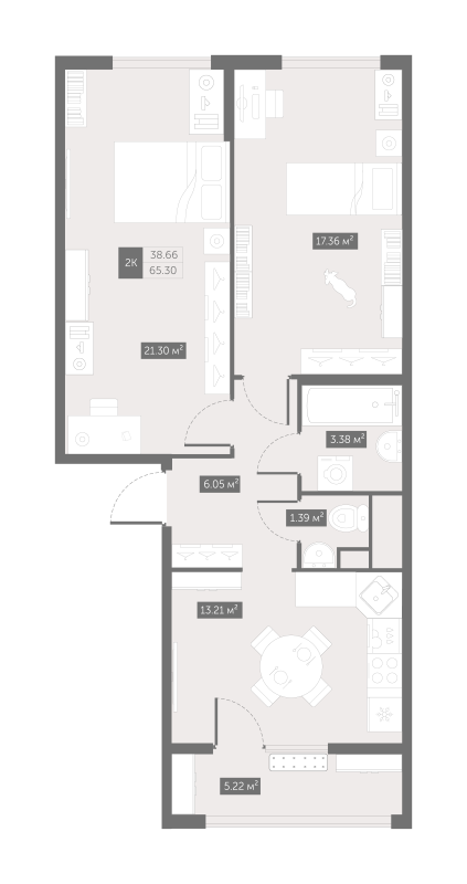 2-комнатная квартира, 65.3 м² - планировка, фото №1