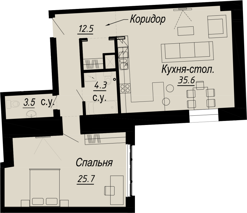 1-комнатная квартира, 81.6 м² - планировка, фото №1