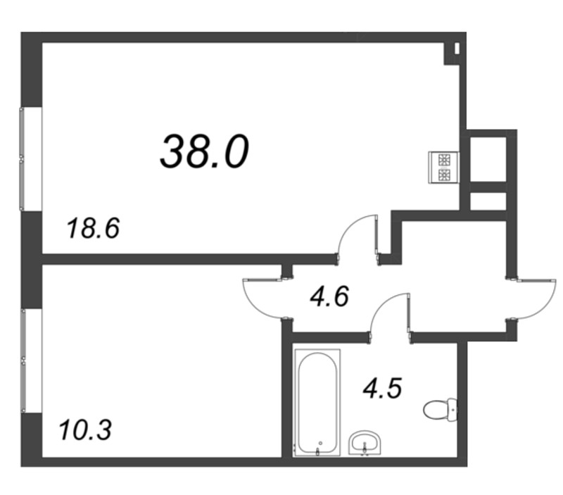 2-комнатная (Евро) квартира, 38 м² - планировка, фото №1