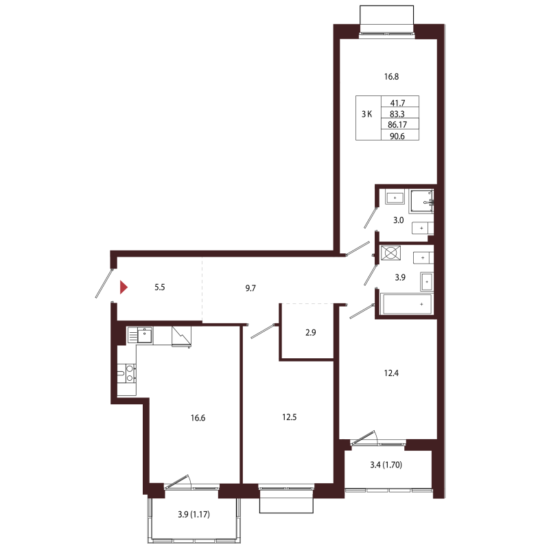 4-комнатная (Евро) квартира, 86.17 м² в ЖК "Лисино" - планировка, фото №1