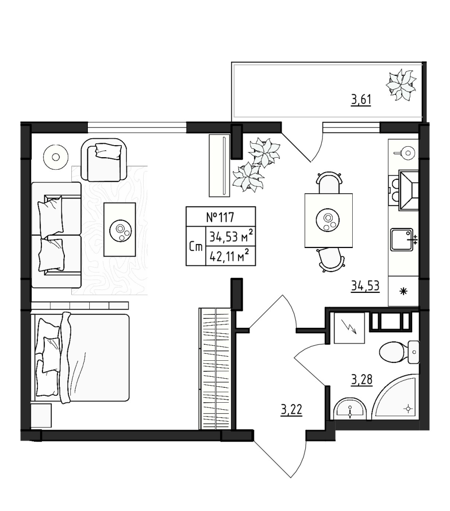 Квартира-студия, 42.11 м² в ЖК "Верево Сити" - планировка, фото №1