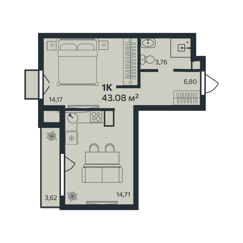 1-комнатная квартира, 43.08 м² в ЖК "Эдельвейс.Янино" - планировка, фото №1