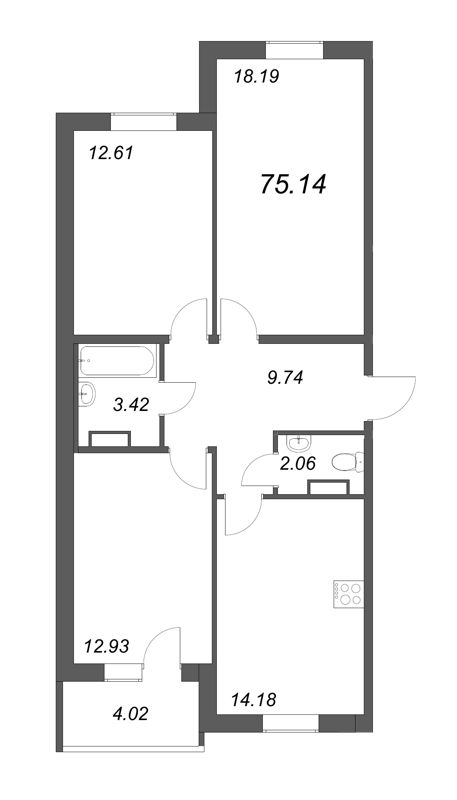 3-комнатная квартира, 73.13 м² в ЖК "Юттери" - планировка, фото №1