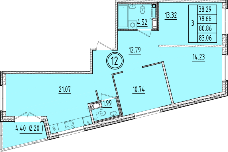 4-комнатная (Евро) квартира, 78.66 м² в ЖК "Образцовый квартал 6.4" - планировка, фото №1