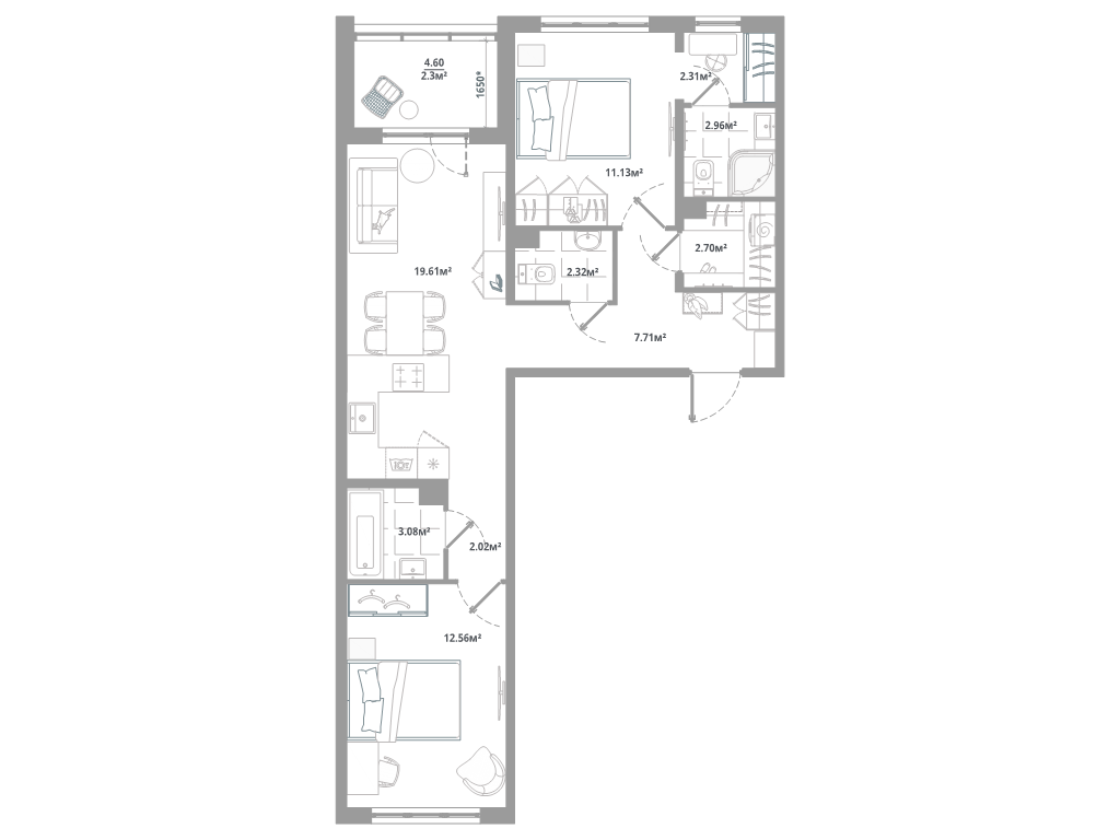 2-комнатная квартира, 68.7 м² - планировка, фото №1