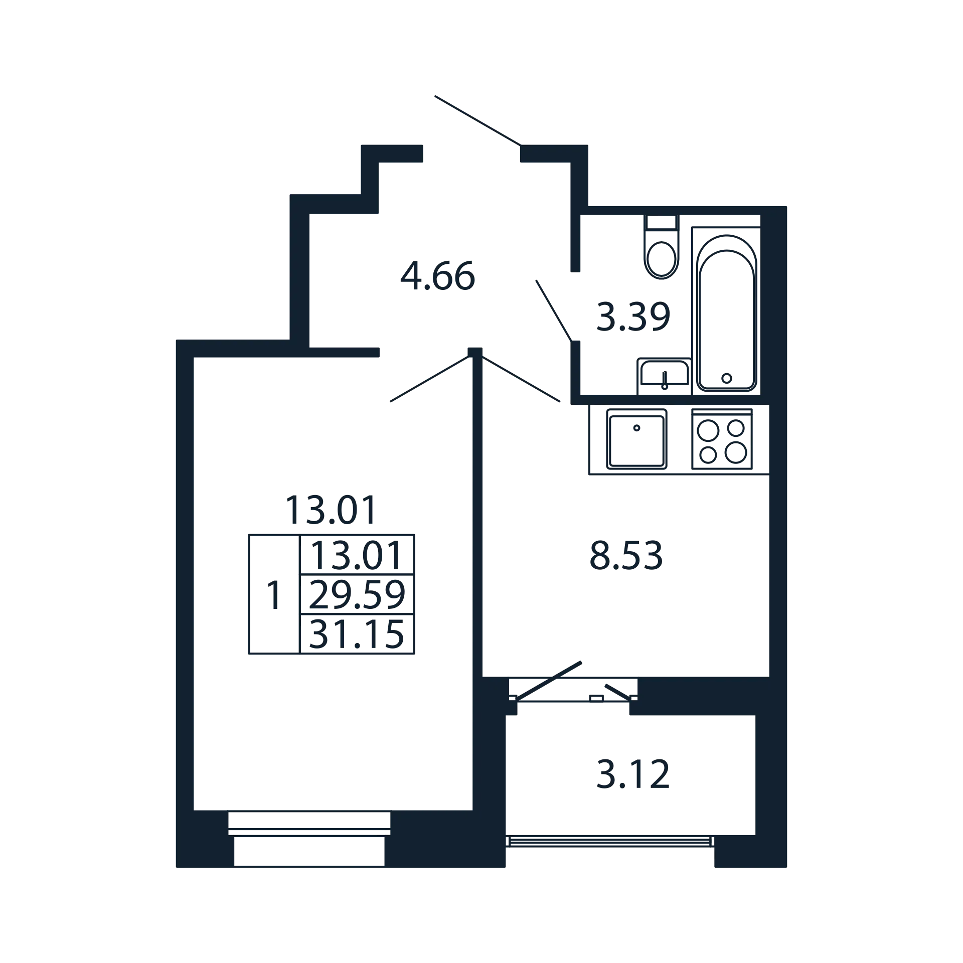 1-комнатная квартира, 29.59 м² в ЖК "Полис Новоселье" - планировка, фото №1