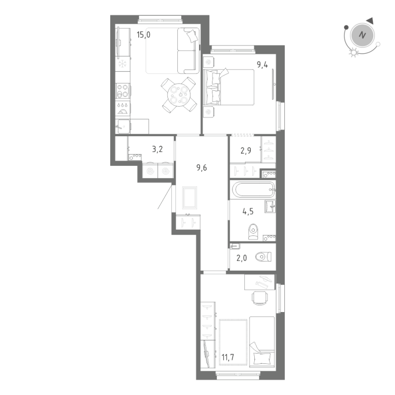 3-комнатная (Евро) квартира, 58.3 м² в ЖК "Клюква.Парк" - планировка, фото №1