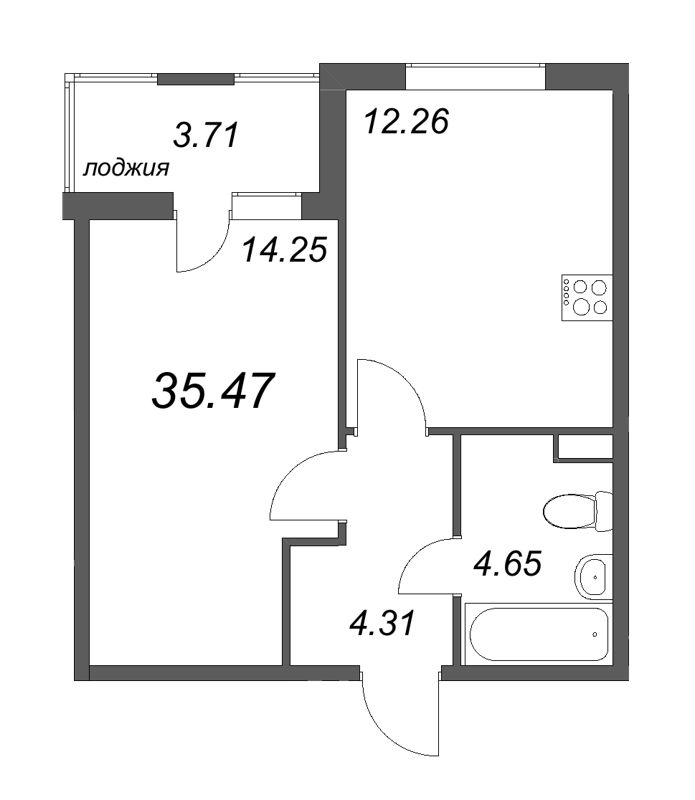 1-комнатная квартира, 35.47 м² - планировка, фото №1