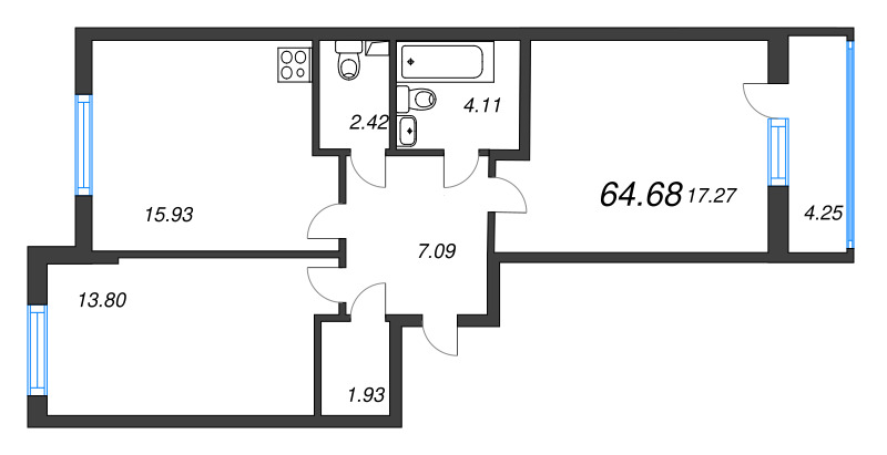 3-комнатная (Евро) квартира, 64.68 м² в ЖК "Кинопарк" - планировка, фото №1