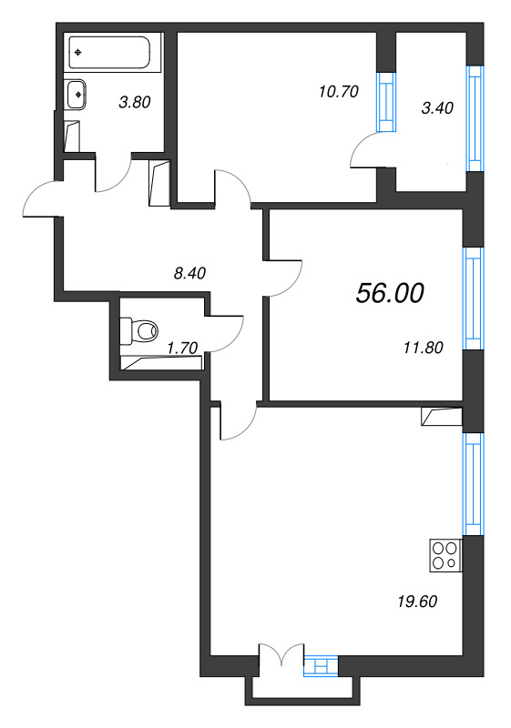 3-комнатная (Евро) квартира, 56 м² - планировка, фото №1