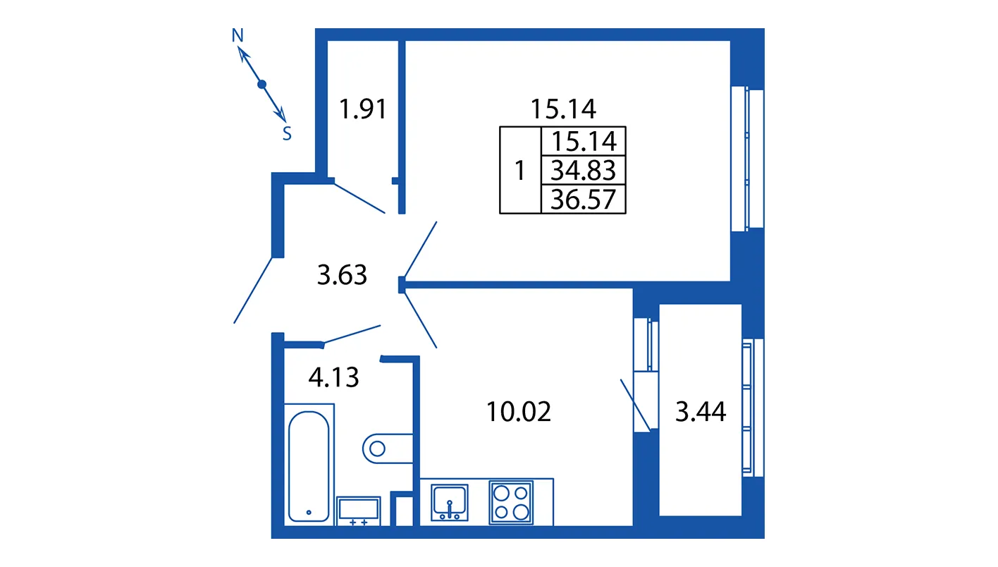 1-комнатная квартира, 34.83 м² в ЖК "Полис Приморский 2" - планировка, фото №1