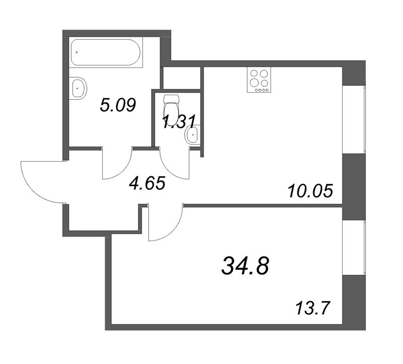 1-комнатная квартира, 34.8 м² - планировка, фото №1