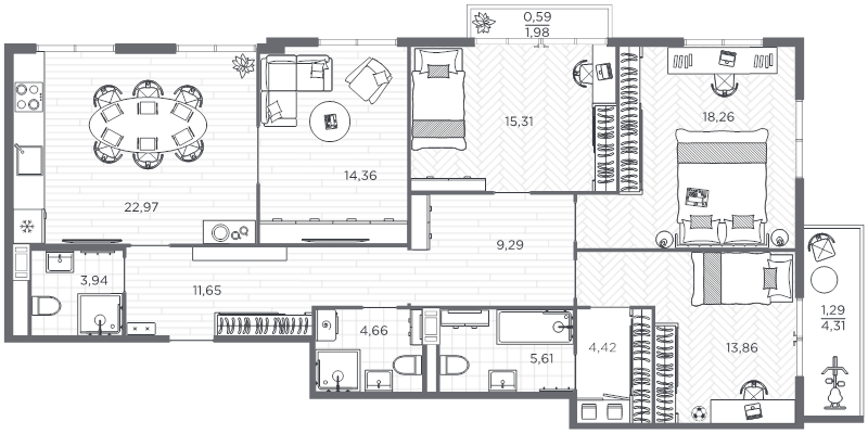 5-комнатная (Евро) квартира, 126.21 м² в ЖК "BAKUNINA 33" - планировка, фото №1