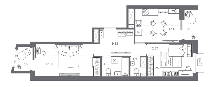 2-комнатная квартира, 60.09 м² в ЖК "Respect" - планировка, фото №1