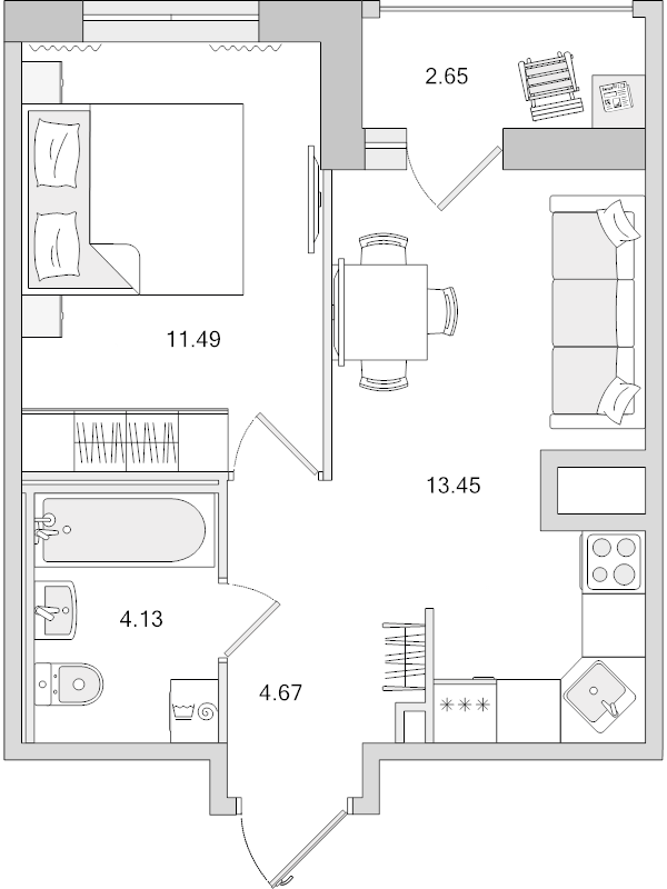 1-комнатная квартира, 33.74 м² - планировка, фото №1