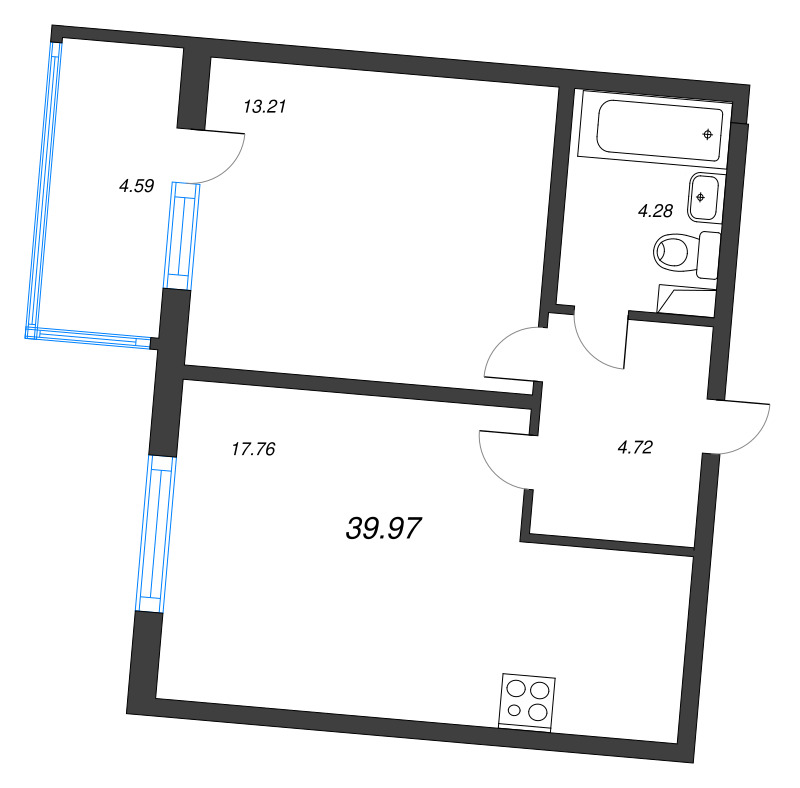 2-комнатная (Евро) квартира, 39.97 м² в ЖК "ЮгТаун" - планировка, фото №1