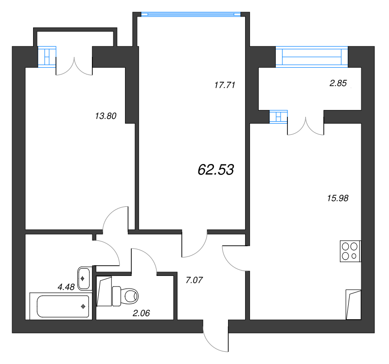 3-комнатная (Евро) квартира, 66.5 м² в ЖК "Наука" - планировка, фото №1