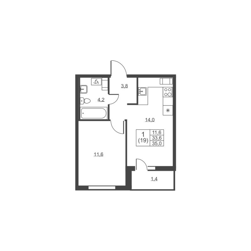 1-комнатная квартира, 35 м² - планировка, фото №1