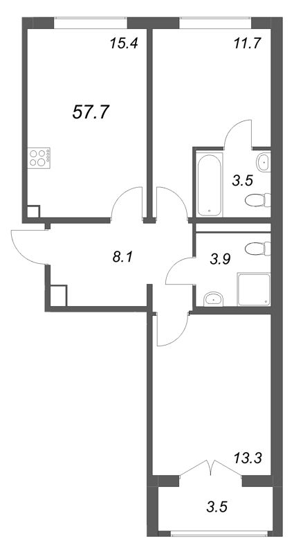 3-комнатная (Евро) квартира, 57.7 м² в ЖК "Пулково Lake" - планировка, фото №1