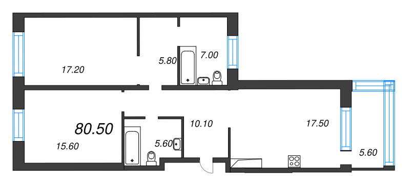 3-комнатная (Евро) квартира, 80.5 м² в ЖК "ЛДМ" - планировка, фото №1