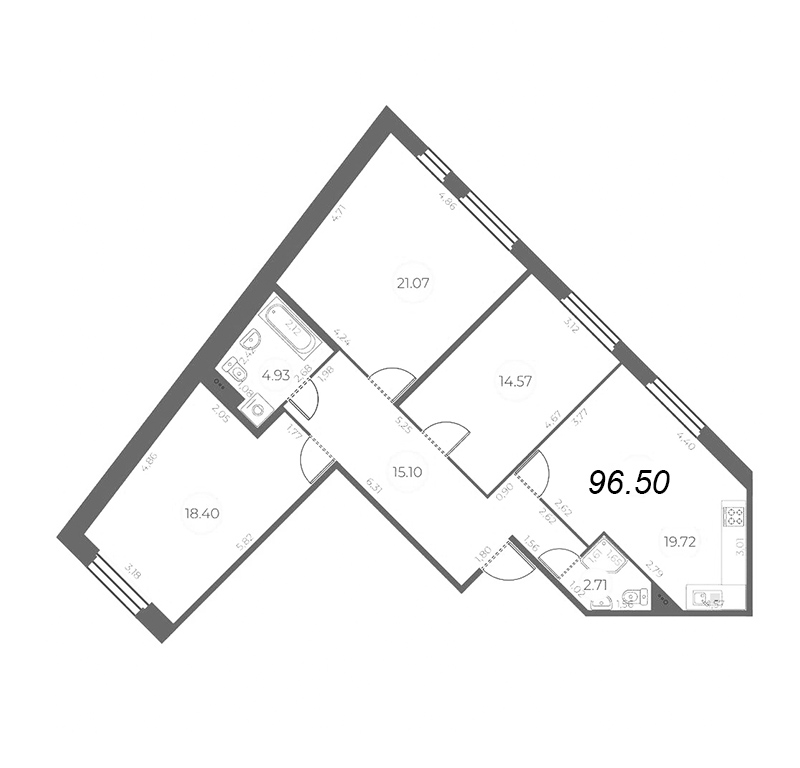 4-комнатная (Евро) квартира, 96.5 м² - планировка, фото №1