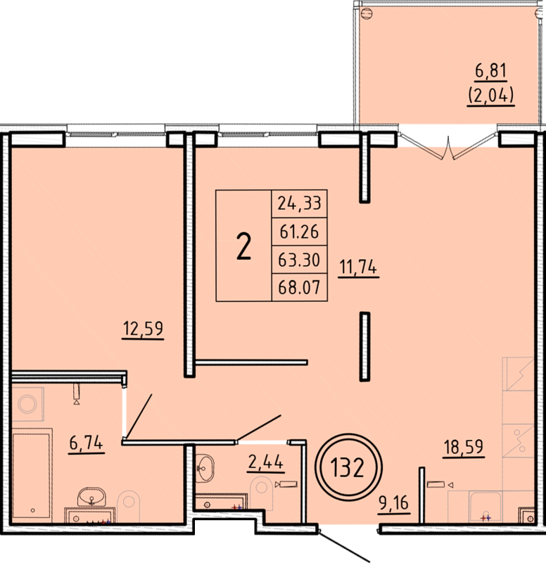 3-комнатная (Евро) квартира, 61.26 м² - планировка, фото №1