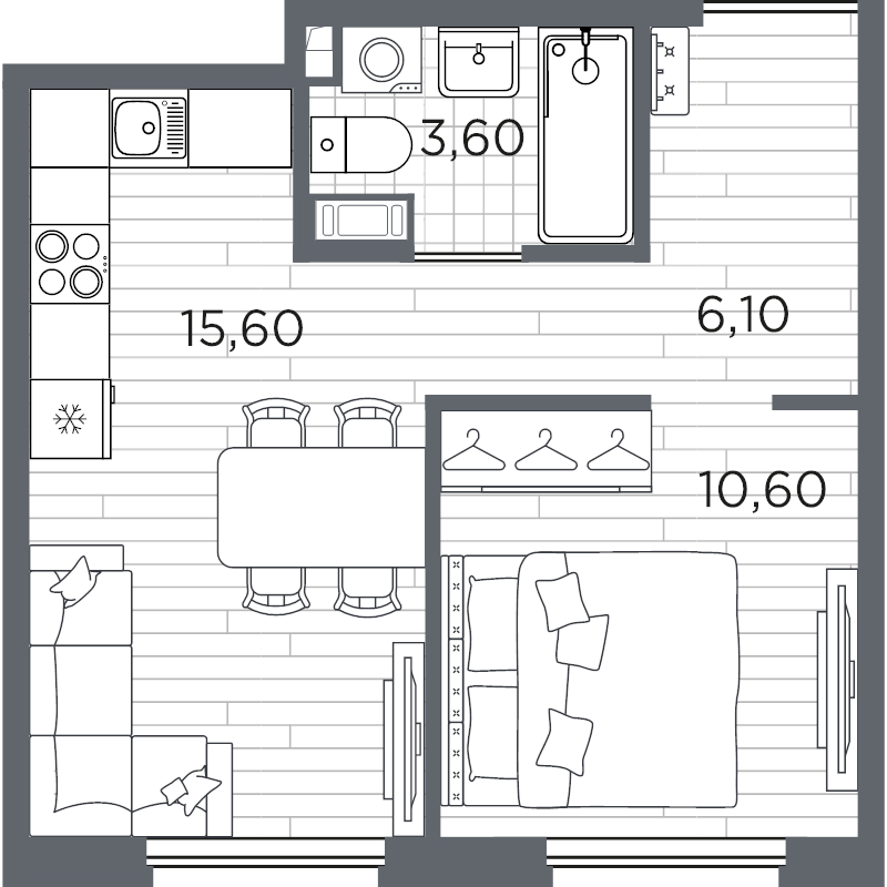 2-комнатная (Евро) квартира, 35.9 м² в ЖК "PLUS Пулковский" - планировка, фото №1