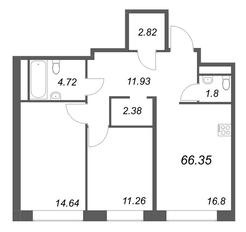 3-комнатная (Евро) квартира, 66.35 м² в ЖК "Avant" - планировка, фото №1