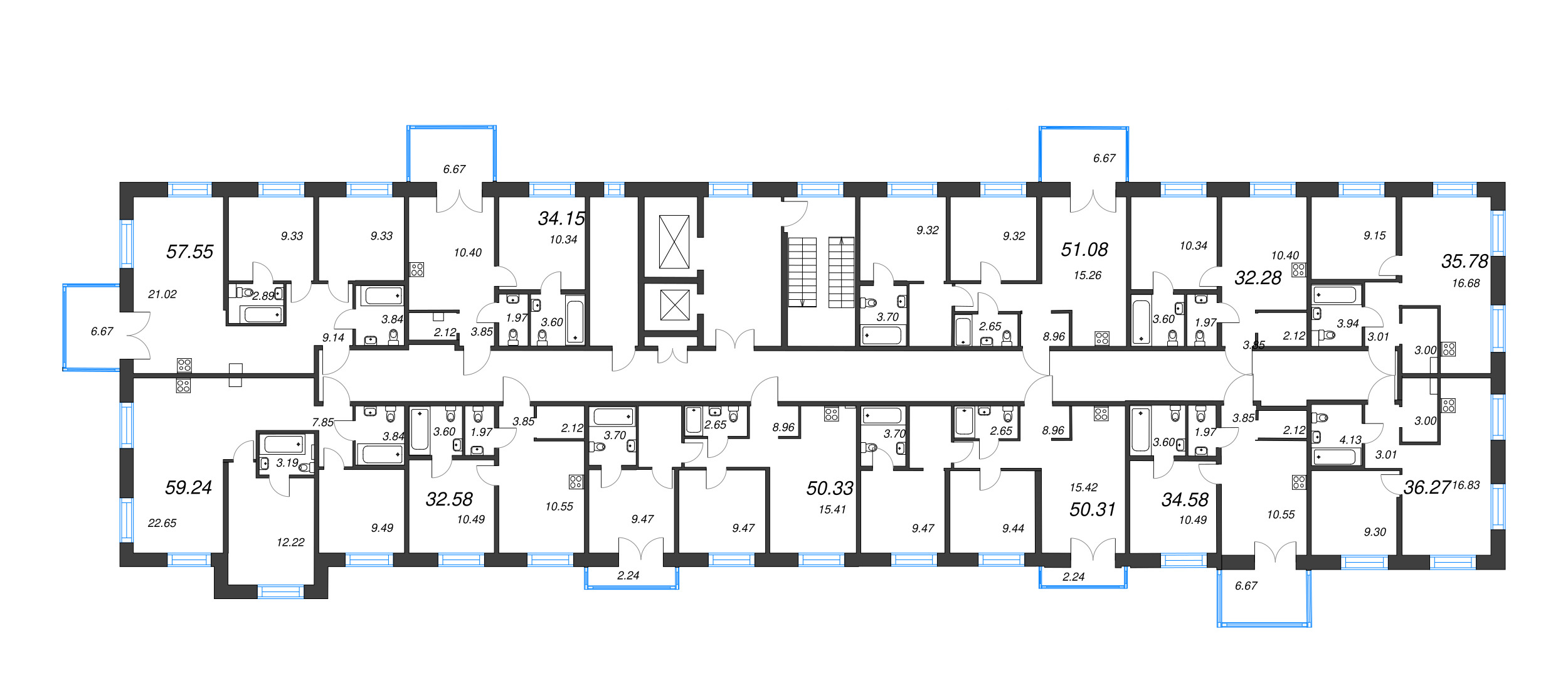 3-комнатная (Евро) квартира, 50.33 м² в ЖК "Alpen" - планировка этажа