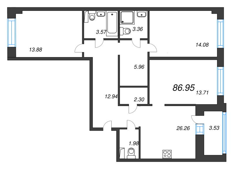 3-комнатная квартира, 86.95 м² в ЖК "Уютный" - планировка, фото №1