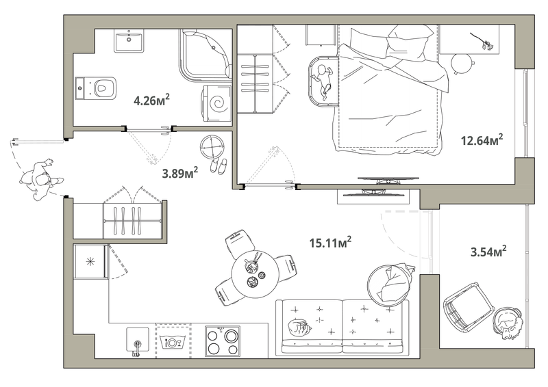 2-комнатная (Евро) квартира, 37.67 м² в ЖК "Тишин" - планировка, фото №1