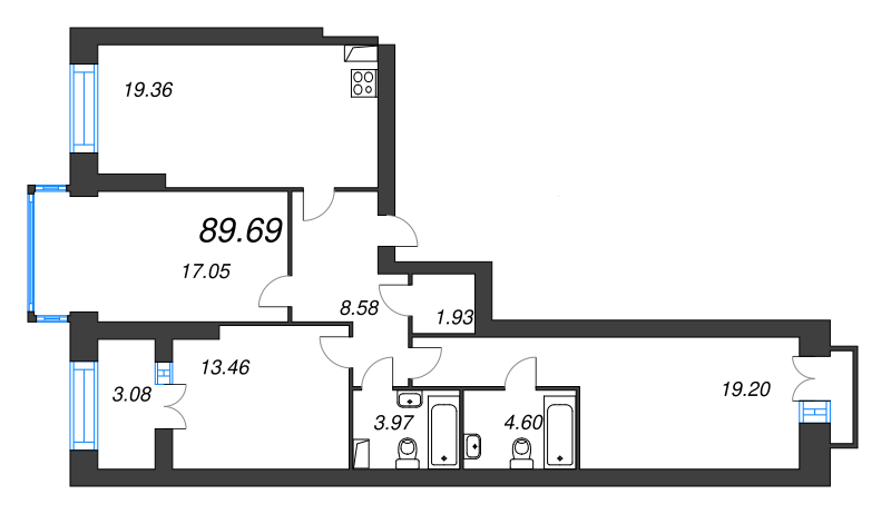 4-комнатная (Евро) квартира, 94.1 м² - планировка, фото №1