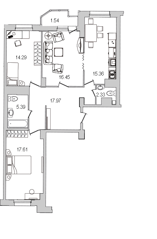 3-комнатная квартира, 92 м² в ЖК "Шекспир" - планировка, фото №1