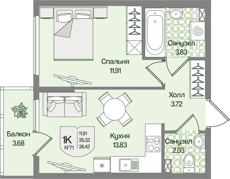 1-комнатная квартира, 36.42 м² в ЖК "Охтинские высоты" - планировка, фото №1
