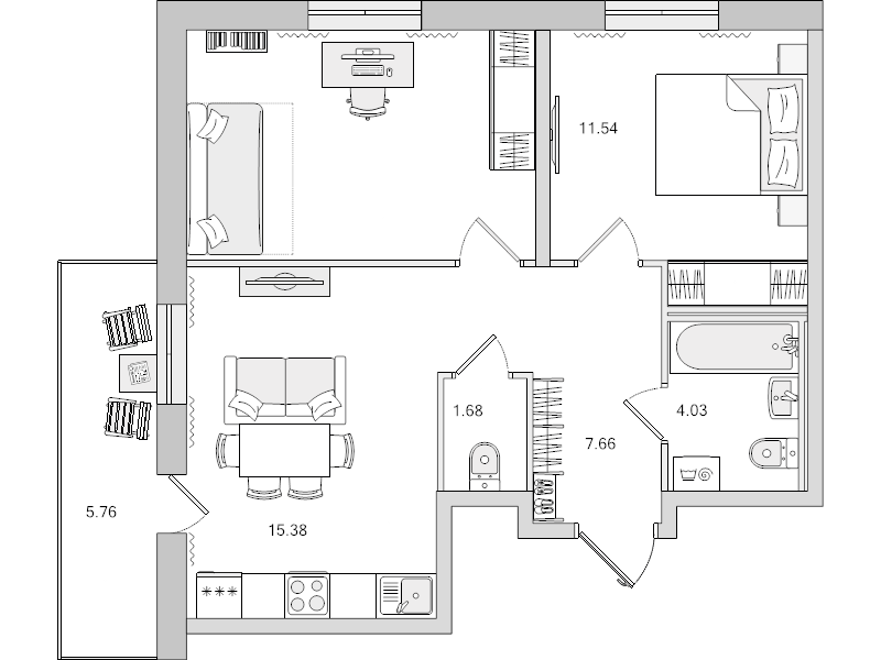 3-комнатная (Евро) квартира, 54.34 м² - планировка, фото №1
