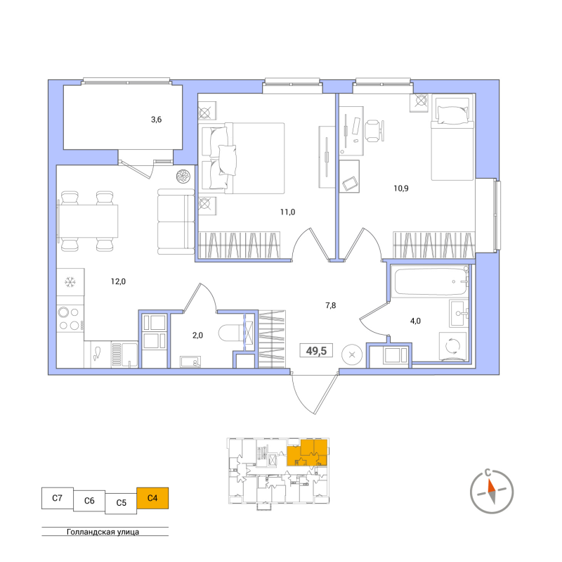 2-комнатная квартира, 49.5 м² - планировка, фото №1