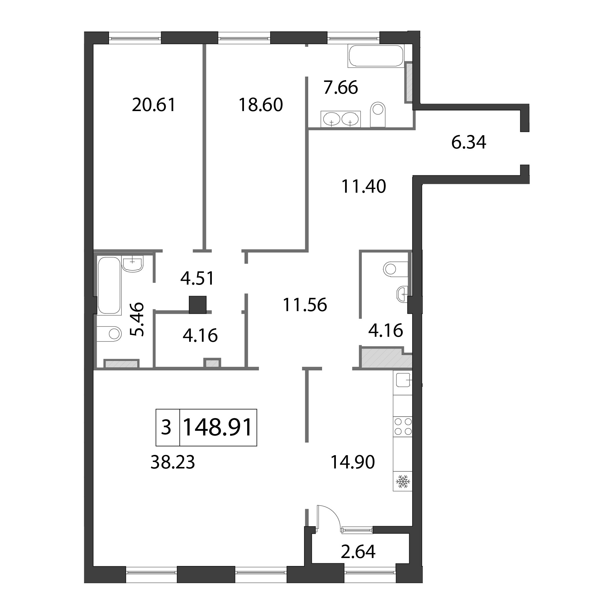 3-комнатная квартира, 149.2 м² - планировка, фото №1