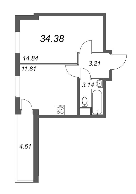 1-комнатная квартира, 34.38 м² в ЖК "Тандем" - планировка, фото №1