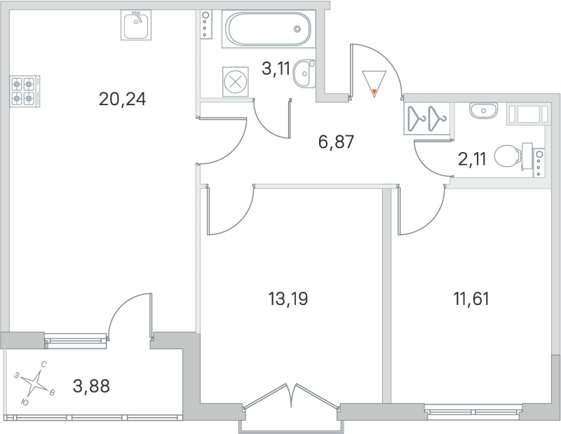 3-комнатная (Евро) квартира, 57.13 м² в ЖК "Любоград" - планировка, фото №1